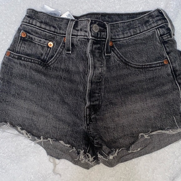 Levis 501 raw hem washed black high rise button jean shorts - Picture 1 of 4